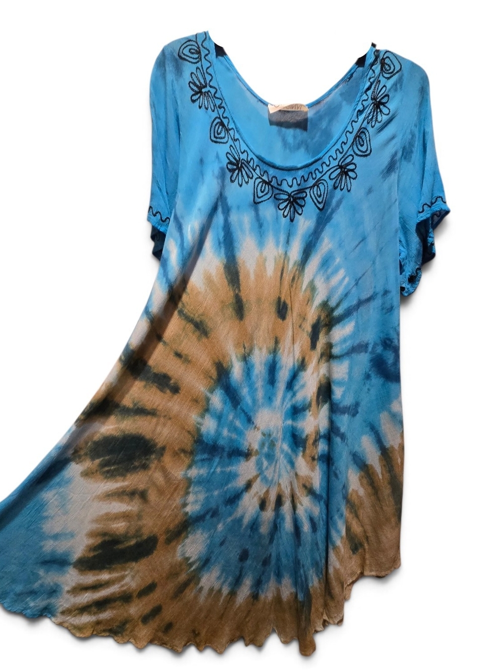 Blue and Brown Spiral Tie-Dye Midi Boho Indian Dress with Embroidered Neckline